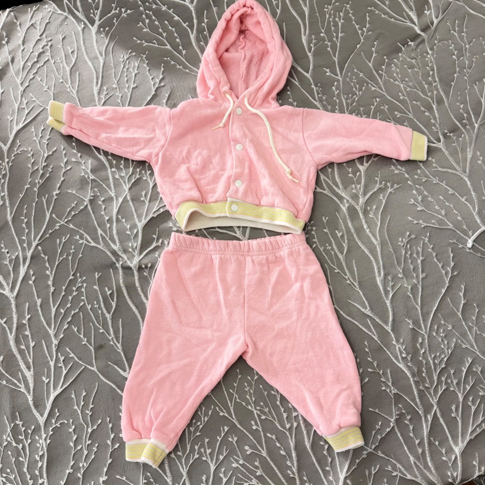 Vintage Pink Knit Baby Tracksuit Set Hooded Sweatshirt Joggers 12 Months